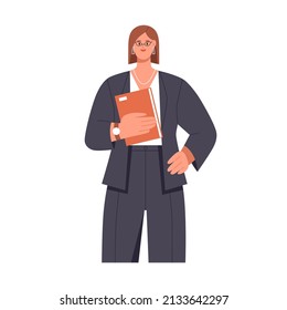 Woman office worker portrait. Confident businesswoman, CEO in formal apparel. Female entrepreneur with folder in hands. Business expert. Flat vector illustration of clerk isolated on white background