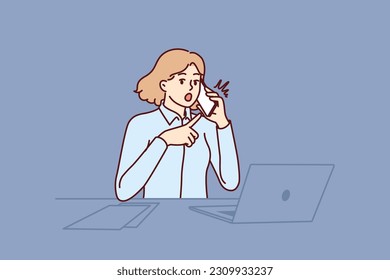 Woman office worker shockedly points to phone and makes call to partner or company manager. Businesswoman sitting in office at table with laptop surprised by new deadlines from boss