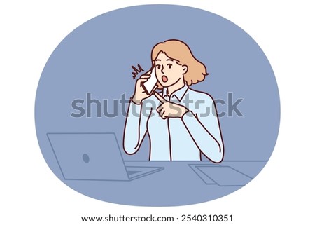 Woman office worker shockedly points to phone and makes call to partner or company manager. Businesswoman sitting in office at table with laptop surprised by new deadlines from boss