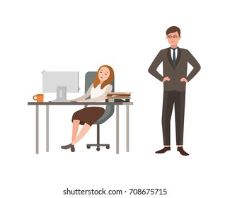 Woman office worker sits at desk with computer and sleeps, his boss angrily looks at him. Concept of fatigue at work. Cartoon vector illustration