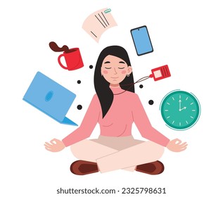 Woman office worker sits in lotus position and meditates at work. Work stuff fly around. Vector graphic.