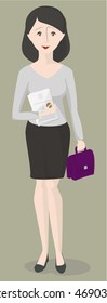 Woman office worker standing with documents and briefcase