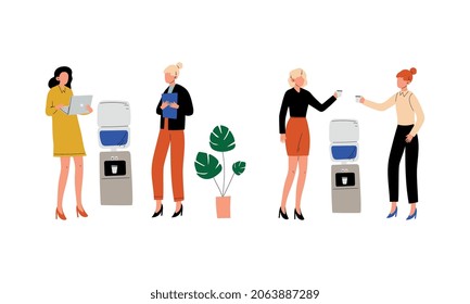 Woman Office Worker Standing Near Water Dispenser and Discussing Business Vector Set