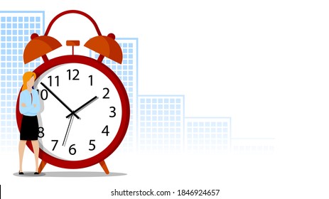 trabajadora de oficina de mujeres se está alargando con un gran reloj despertador. Concepto de cambio en la vida. Primeros pasos para cambiar tu vida. Gran despertador en el fondo de la metrópolis. Vector