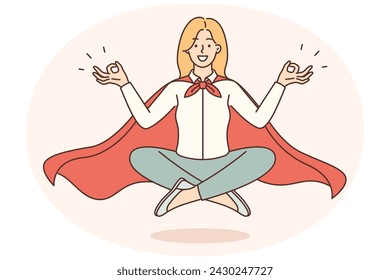 Woman office worker in superhero cape meditating and does yoga for harmony and balance. Businesswoman meditating in lotus position during break to achieve great success in management