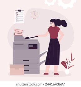 Woman office worker uses copy machine to scan document. Young girl secretary in corporation stands near professional copy machine or printer doing paper work. Copier operator. flat vector illustration