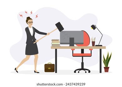 Woman office worker wants to smash workplace using hammer. Burnout at work. Unhappy businesswoman. Business stress, deadline. Work dissatisfaction. Flat vector illustration