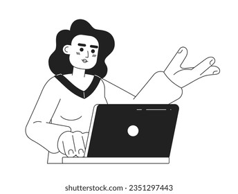 Woman office workermonochromatic flat vector character. Editable thin line half body business woman working on laptop on white. Simple bw cartoon spot image for web graphic design