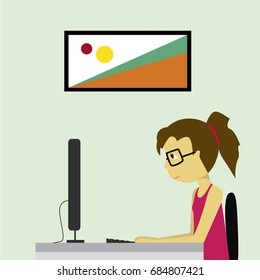 woman in the office working with the computer. vector illustration