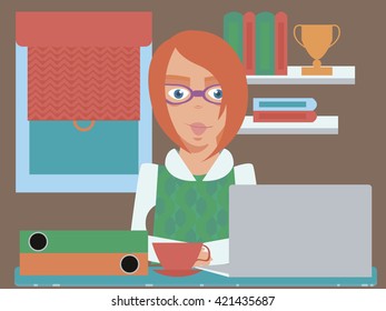 A woman in the office. Working environment. Cabinet. Office employee.
Flat vector illustration
