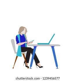 woman in the office, working with a laptop and smartphone. Flat illustration