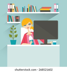 Woman office workplace. Secretary. Flat vector illustration. 