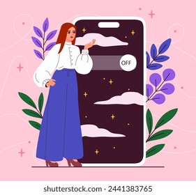 Woman with offline smartphone. Young girl with mobile phone turn off internet at gadget or device. Character with digital detox. Cartoon flat vector illustration isolated on pink background