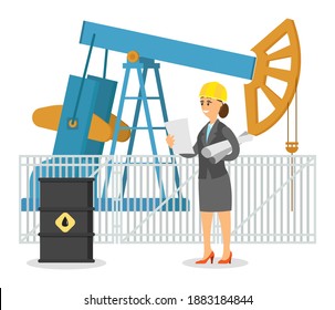 Woman Oil Worker Or Engineer In Helmet Near Industry Equipment Pumpjack And Oil Barrels. Oil Worker Standing, Reading Technical Paper. Modern Woman In The Male Profession Vector Flat Design