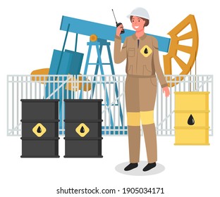 Woman oil worker in uniform and helmet near industry equipment pumpjack and oil barrels. Oil worker standing, speaking on a walkie-talkie. Modern woman in the male profession vector flat design