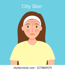 Woman with oily skin face in flat design. Skin problem.