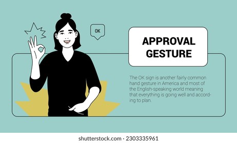 Woman with OK or approval gesture. Human gesture and reactions banner template. Vector people illustration. Horizontal aspect ratio.