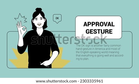Woman with OK or approval gesture. Human gesture and reactions banner template. Vector people illustration. Horizontal aspect ratio.