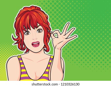 Woman okay gesture action with dot background pop art comics style.