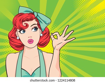 Woman okay gesture action with dot background pop art comics style.