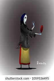 Woman in old clothes and a cracked mask looks in the mirror. The concept of loss of individuality in the pursuit of universally recognized values and the ideals of beauty. Third image from set of ten 