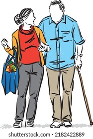 Woman And Old Senior Man Walking With Grocery Bag Vector Illustration