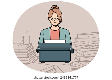 Woman with old typewriter sits at table with books, works as poet in literary magazine and comes up with new novel. Smart girl journalist or copywriter uses vintage typewriter instead of computer