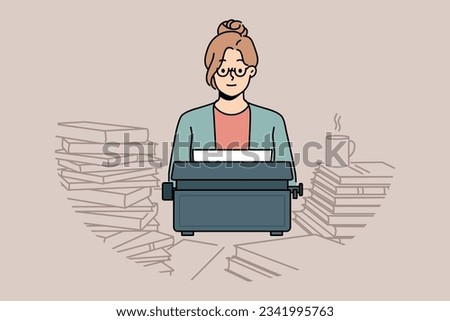 Woman with old typewriter sits at table with books, works as poet in literary magazine and comes up with new novel. Smart girl journalist or copywriter uses vintage typewriter instead of computer