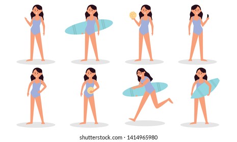 Woman on active sport vacation women surfing, volley stand , walk, run,  beach collection. Summer fun holidays, and ocean beach activity and relaxing.