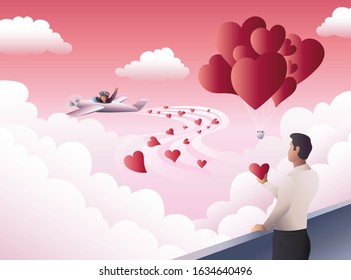 Woman on airplane, gives Valentines to man on balcony. Balloons in shape hearts. Soft clouds in pink sky background. Romantic vector illustration for Valentines day. Love banner, greeting card.