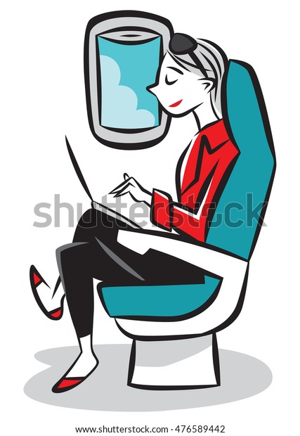 Woman On Airplane Works On Her Stock Vector (Royalty Free) 476589442