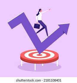 Woman on arrow graph chart jump on the trampoline and bounce up, Success business, Concept inspiration business