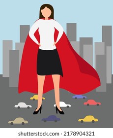 Woman on the background of the city. Confidence powerful businesswoman wearing business suit with superhero cape. Feminism or female empowerment concept, lady power, woman leadership.