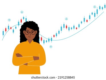 A woman on the background of a Forex chart. Conceptual illustration on the topic of strategic planning in trading on the stock exchange. Vector flat illustration