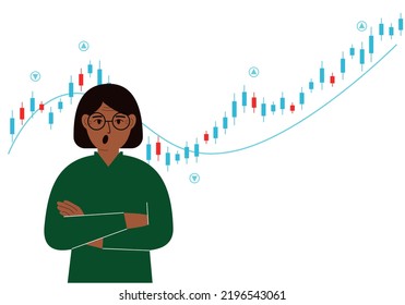 A woman on the background of a Forex chart. Conceptual illustration on the topic of strategic planning in trading on the stock exchange. Vector flat illustration