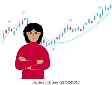 A woman on the background of a Forex chart. Conceptual illustration on the topic of strategic planning in trading on the stock exchange. Vector flat illustration