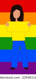 Woman on the background of the rainbow LGBT flag in casual clothes. The concept of protest, demonstration, fight for rights. Multicolored bright illustration. 