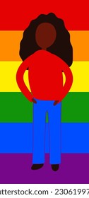 Woman on the background of the rainbow LGBT flag in casual clothes. The concept of protest, demonstration, fight for rights. Multicolored bright illustration. 