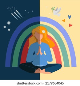 Woman on the background of the rainbow and real life. War, disease, grief - the dark side. Peace, love, happiness - the bright side. The girl in the lotus position meditates on the positive. Vector.