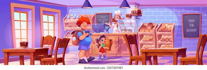 Mujer en el mostrador de la panadería y niño con antecedentes de caricatura de pan. Diseño interior de la cafetería con pan, donut y bollos en las estanterías de la vitrina. Lugar feliz del propietario del personaje y del cliente humano