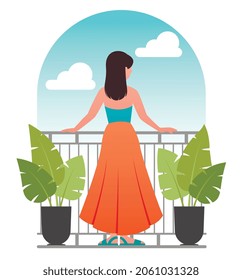 Woman on balcony concept. Female character in hotel room admires seascapes. Rest and vacation in sunny country. Happy young girl. Cartoon flat vector illustration isolated on white background