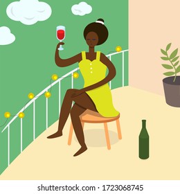 Woman on the balcony drinking wine, relaxing. Black vector girl illustration in flat cartoon style