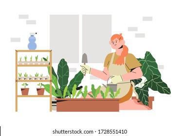 Mujer en un balcón o patio cultivando plantas o verduras en una maceta de flores, plantando y regando semillas. Concepto de jardinería urbana o de agricultura de verduras en interiores. Semillas en envases de papel.