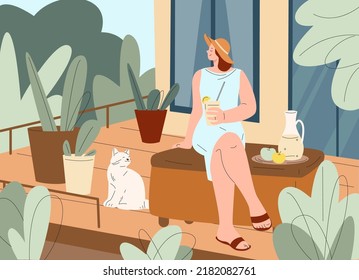 Woman on balcony relax. Terrace summer rest, slow lifestyle with cat and drink. Female on green house porch enjoy life, backyard or garden kicky vector scene