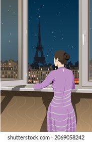 A woman on a balkon looks at the night city. Vector.