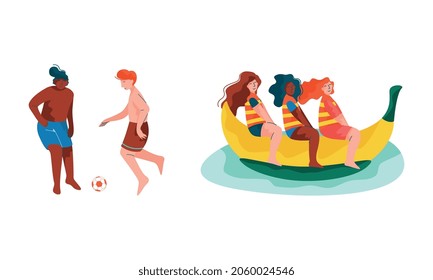 Woman on Banana Boat or Water Sled and Man Playing Football at Shore Vector Set
