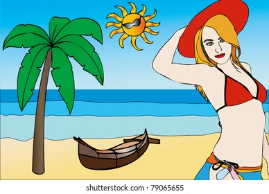 Woman on the beach between the palm trees with a red hat