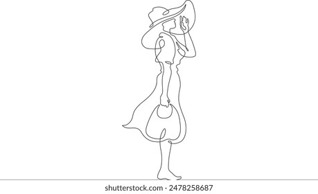 Woman on the beach in a big hat. Girl in a summer cape on the seashore.One continuous line. Line art. Minimum one line. White background. One line drawing.