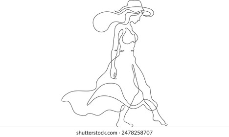 Woman on the beach in a big hat. Girl in a summer cape on the seashore.One continuous line. Line art. Minimum one line. White background. One line drawing.