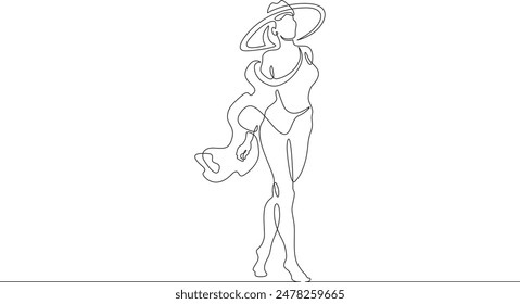 Woman on the beach in a big hat. Girl in a summer cape on the seashore.One continuous line. Line art. Minimum one line. White background. One line drawing.